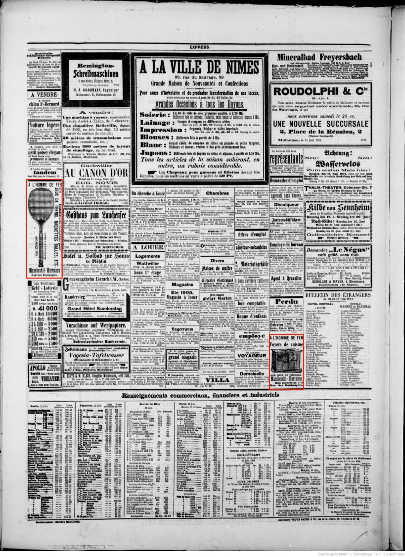 Journal L'Express de Mulhouse du 16 juin 1904 (p.4) : jeux de tennis, raquettes, balles, ...